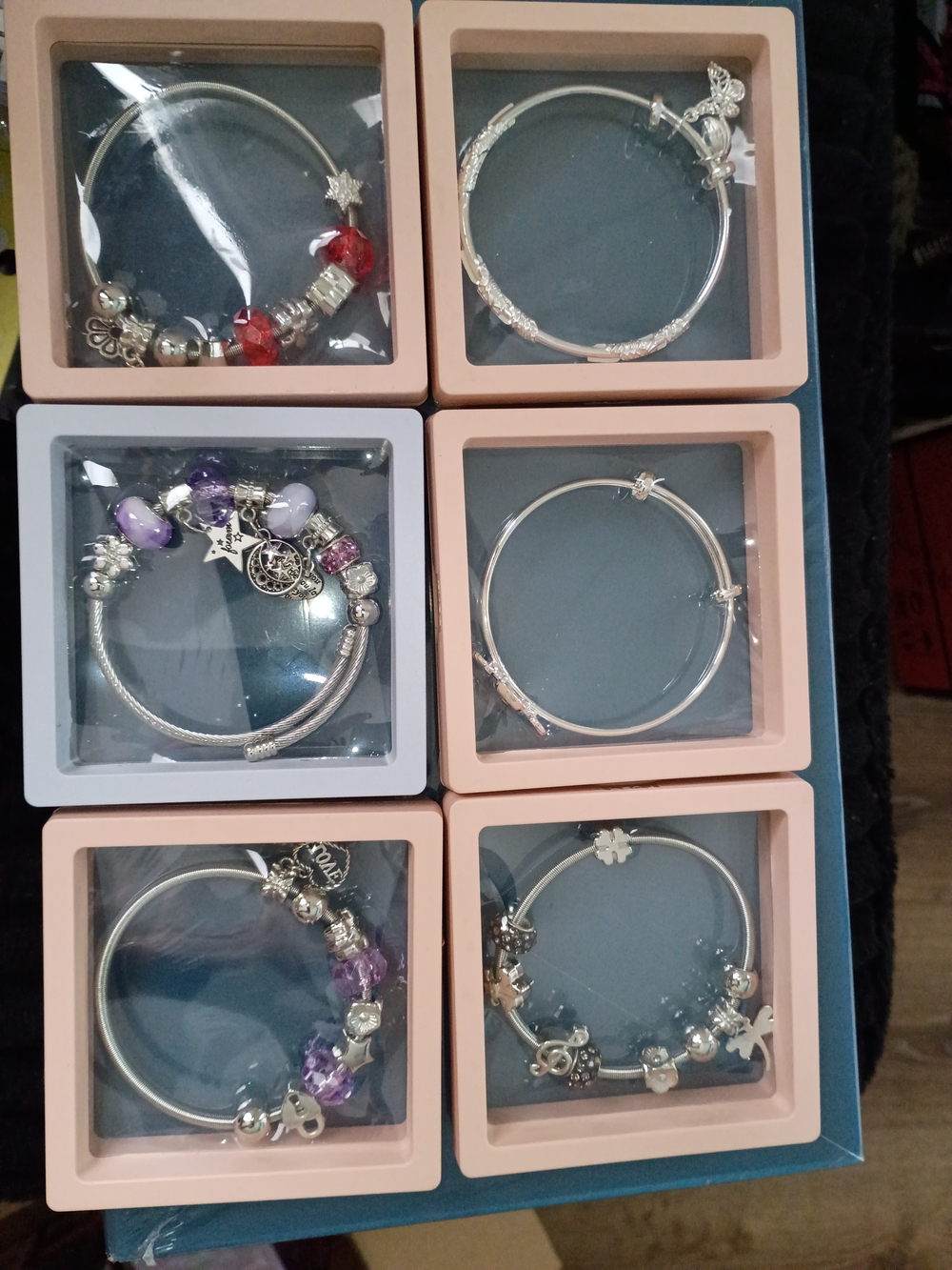 Silver Charm Bracelet with Purple and Red Beads